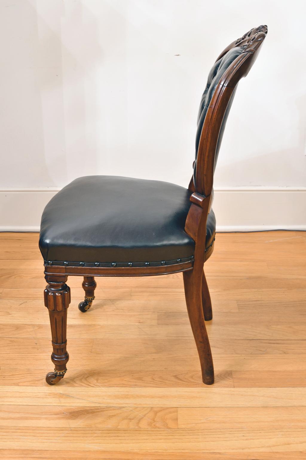 Polished Set of 10 Antique English Victorian Dining Chairs with Black Tufted Leather