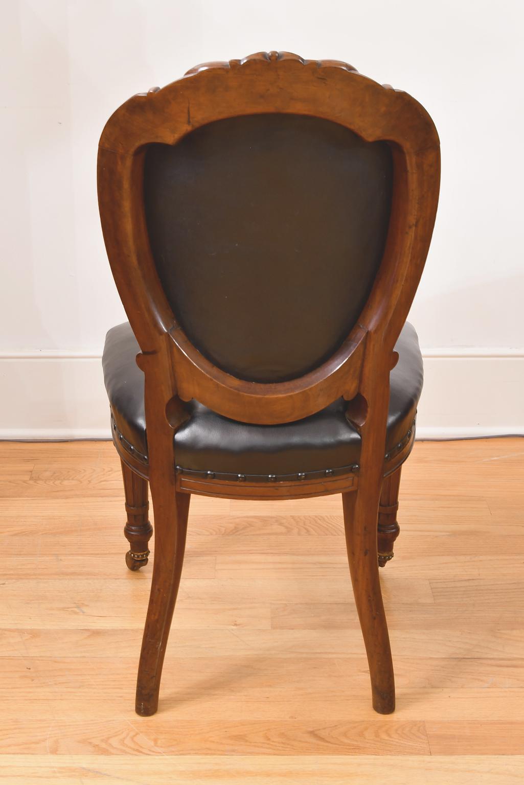 19th Century Set of 10 Antique English Victorian Dining Chairs with Black Tufted Leather