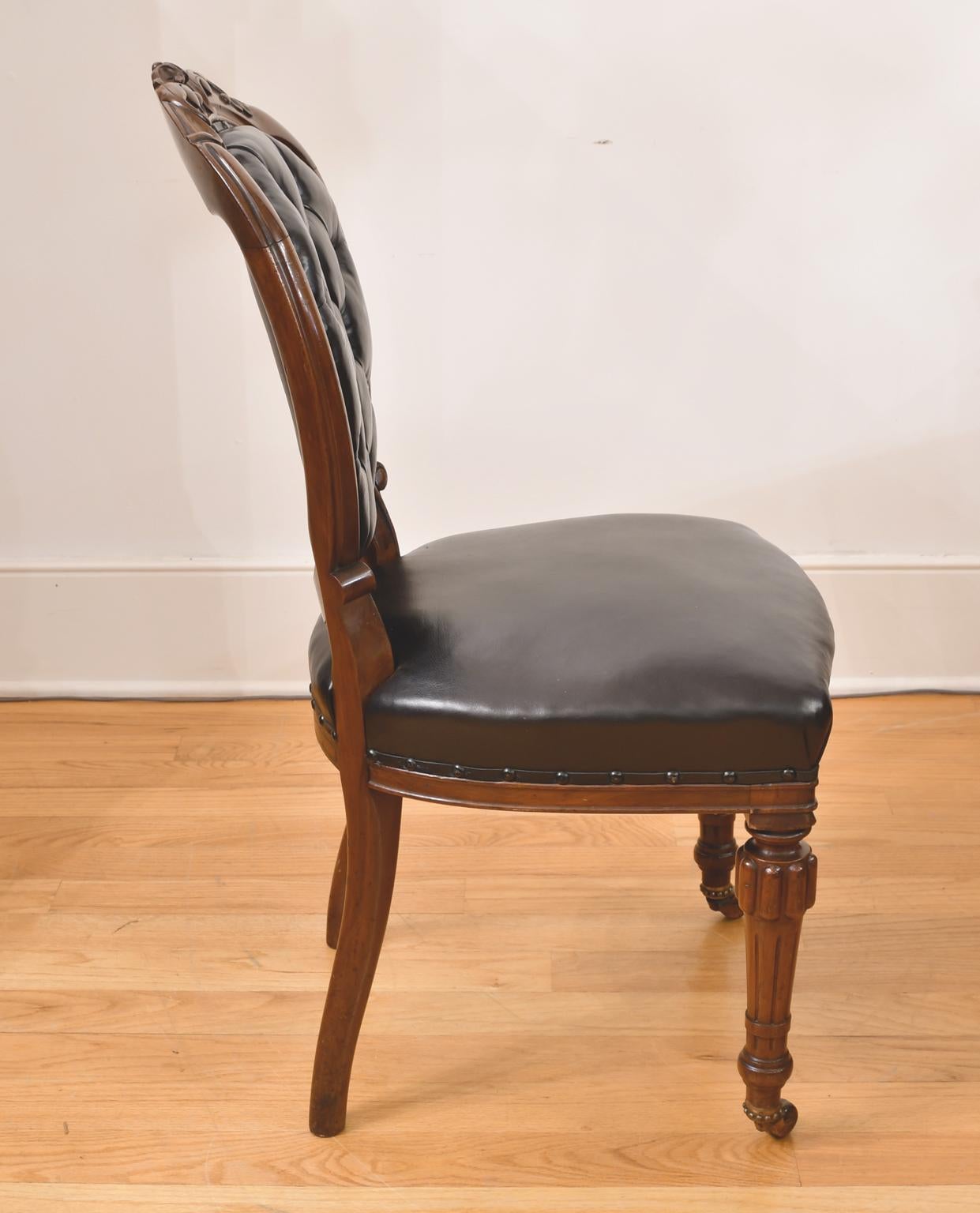 Set of 10 Antique English Victorian Dining Chairs with Black Tufted Leather 1