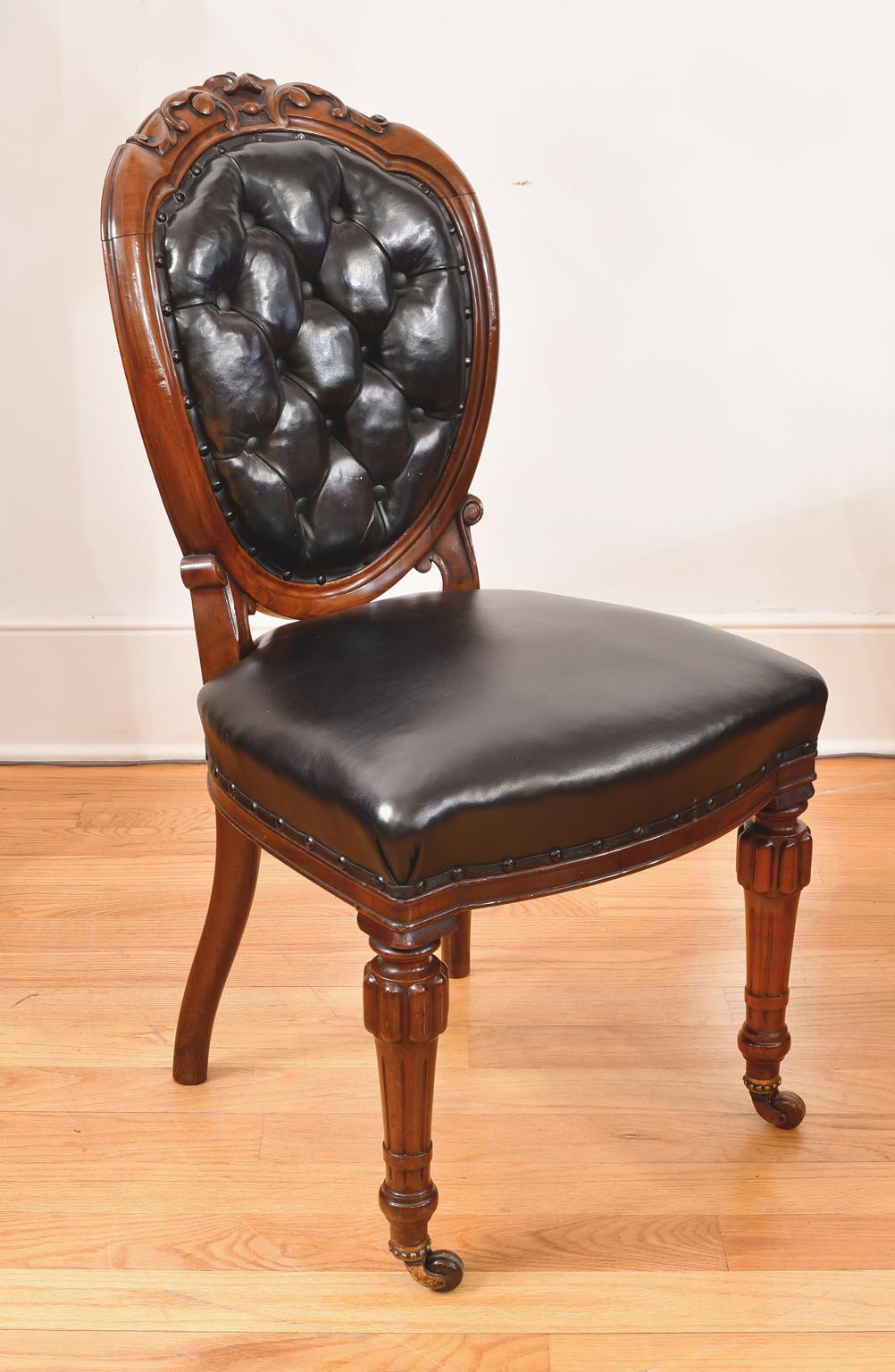 Set of 10 Antique English Victorian Dining Chairs with Black Tufted Leather 2