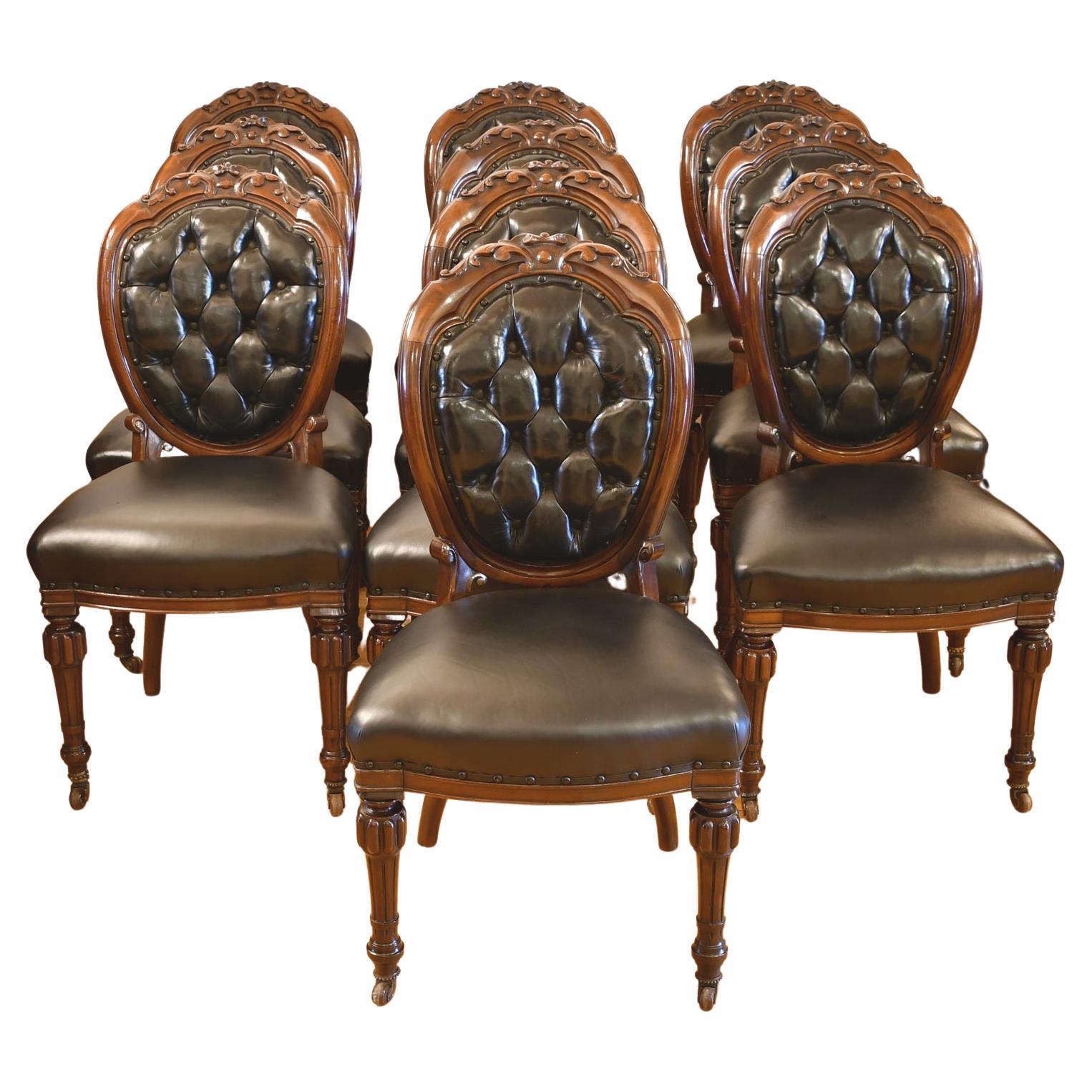Set of 10 Antique English Victorian Dining Chairs with Black Tufted Leather