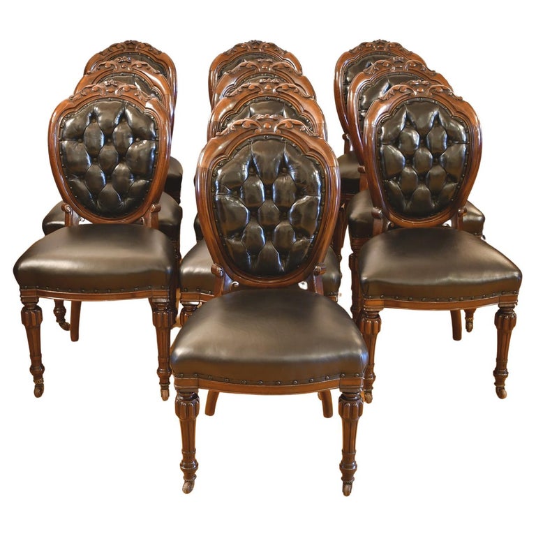 Set of 10 Antique English Victorian Dining Chairs with Black Tufted