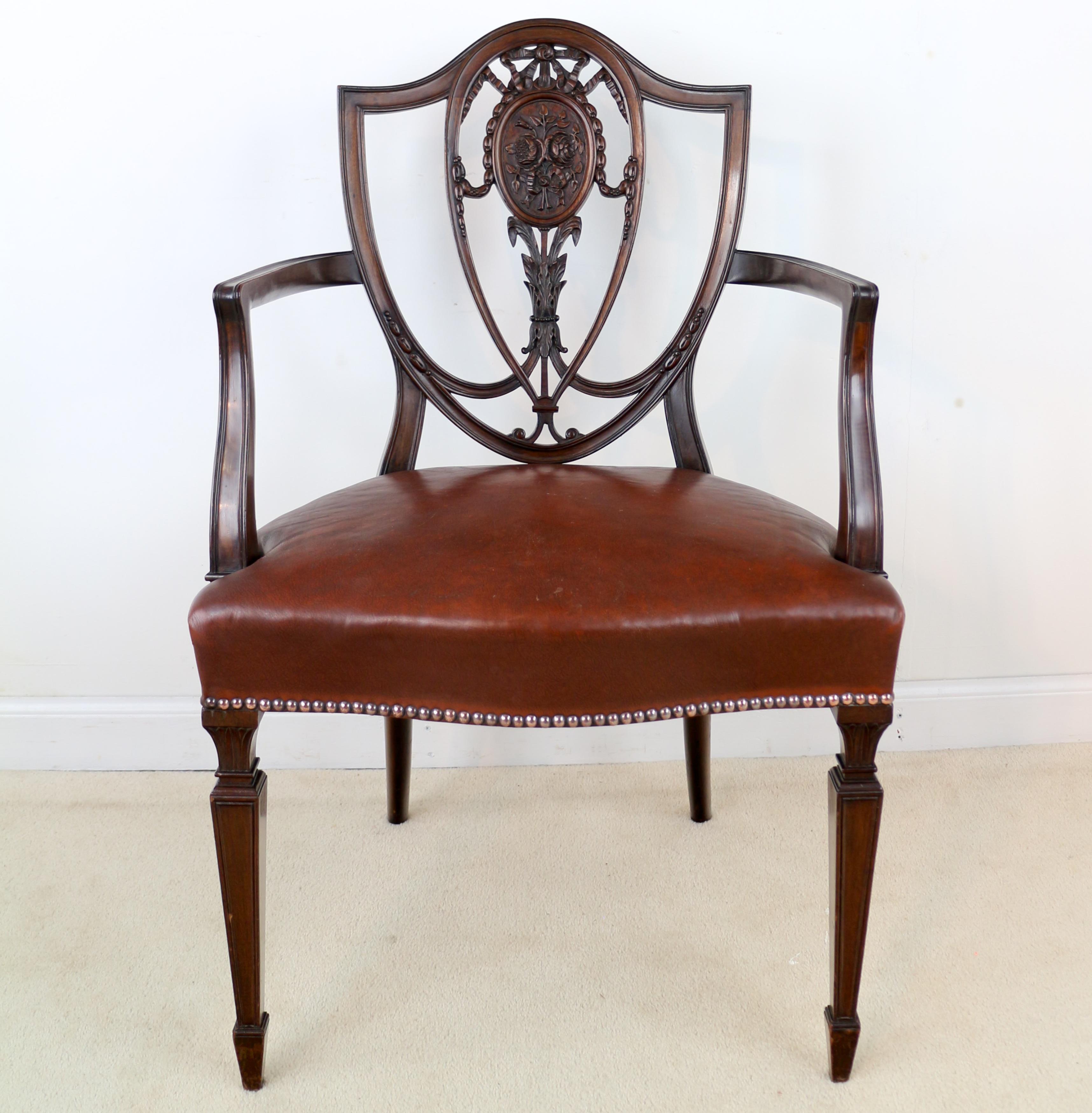 Leather Set of 10 Antique English Victorian Hepplewhite Design Carver Dining Chairs