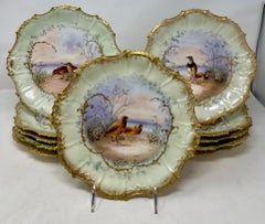 Set of 10 Antique French "A.K." Limoges Sage Porcelain Pheasant Plates, Ca. 1900