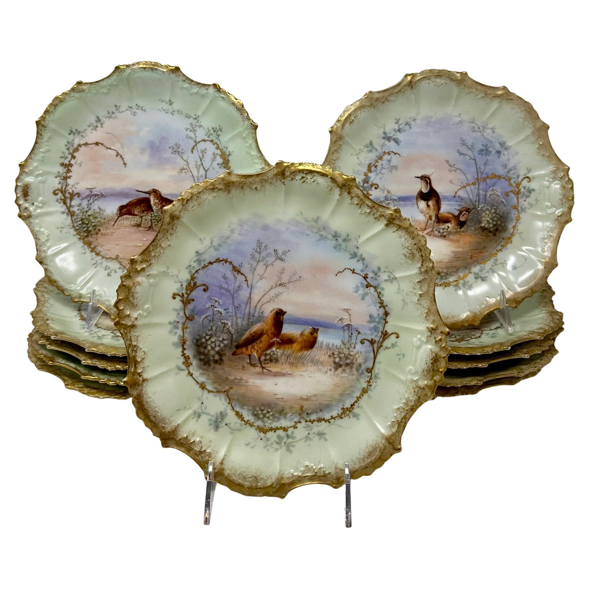 Set of 10 Antique French "A.K." Limoges Sage Porcelain Pheasant Plates, Ca. 1900