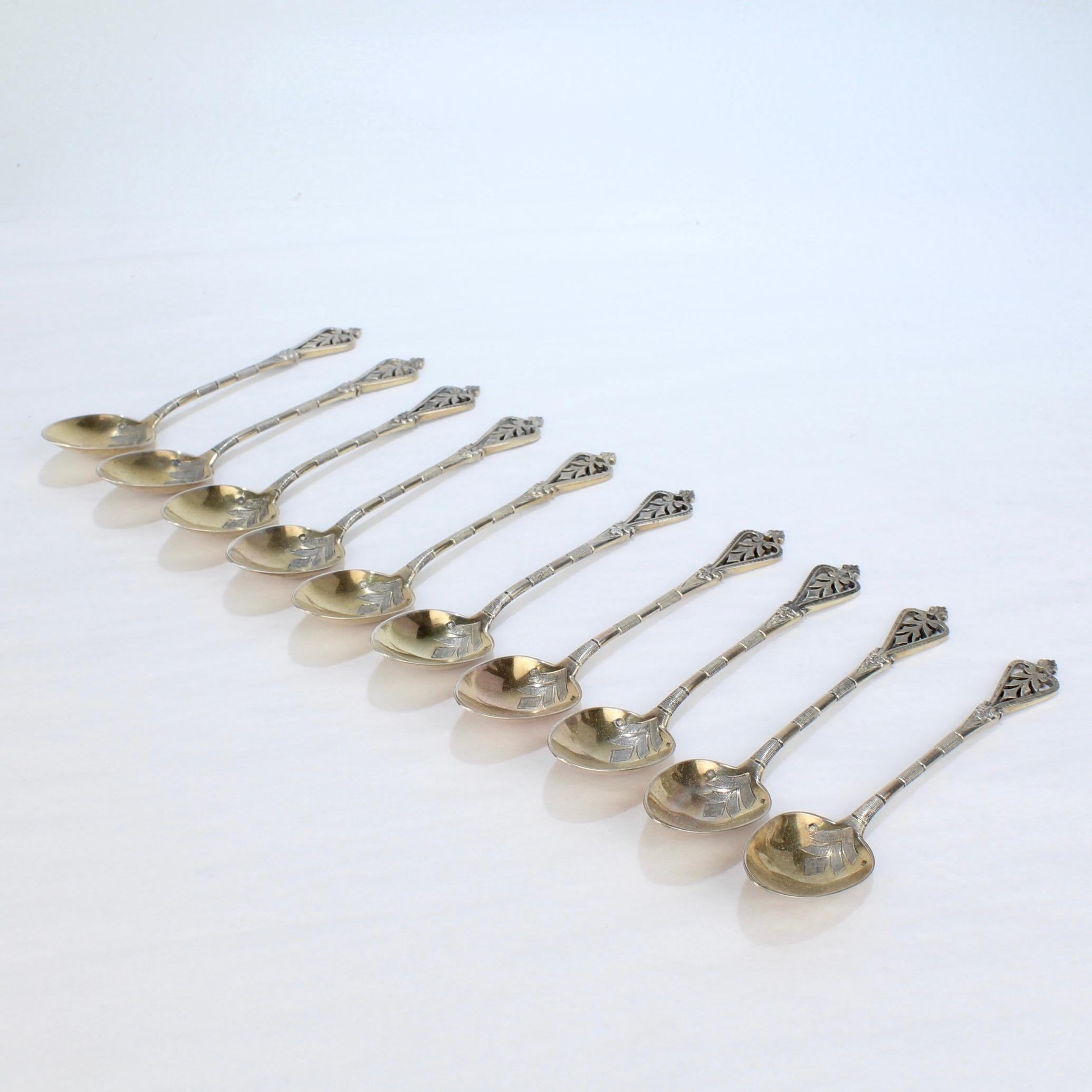 Set of 10 Antique French Gilt Sterling Silver Demitasse Spoons by Boyer-Callot In Good Condition In Philadelphia, PA