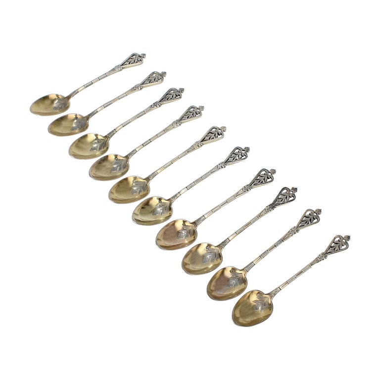 Set of 10 Antique French Gilt Sterling Silver Demitasse Spoons by Boyer