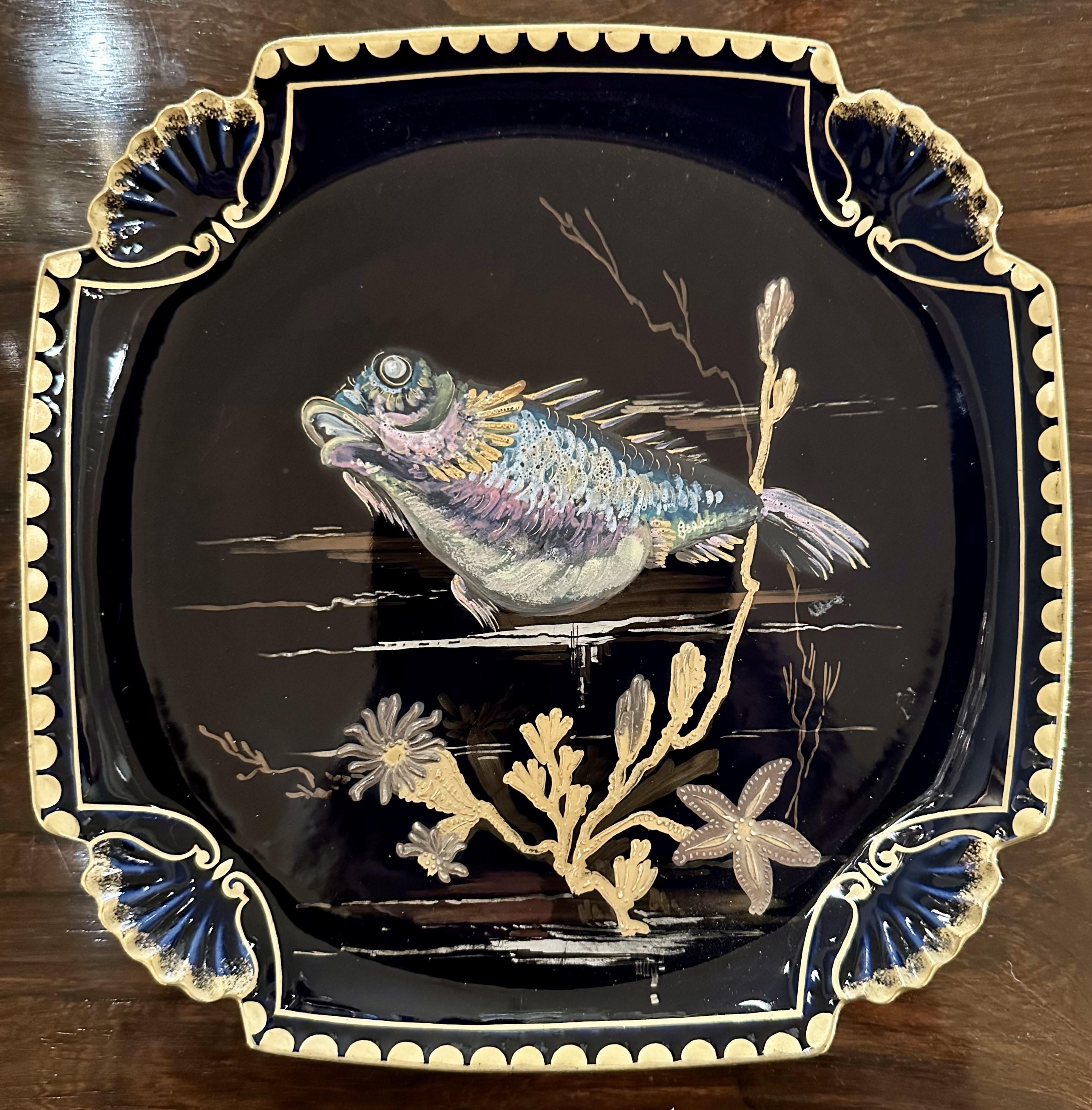 Set of 10 Antique French Limoges Cobalt Blue Fish Plates, Circa 1890's. In Good Condition For Sale In New Orleans, LA