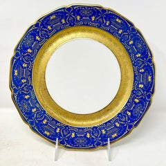 Set of 10 Antique French Limoges Porcelain Blue & Gold Service Plates Circa 1900