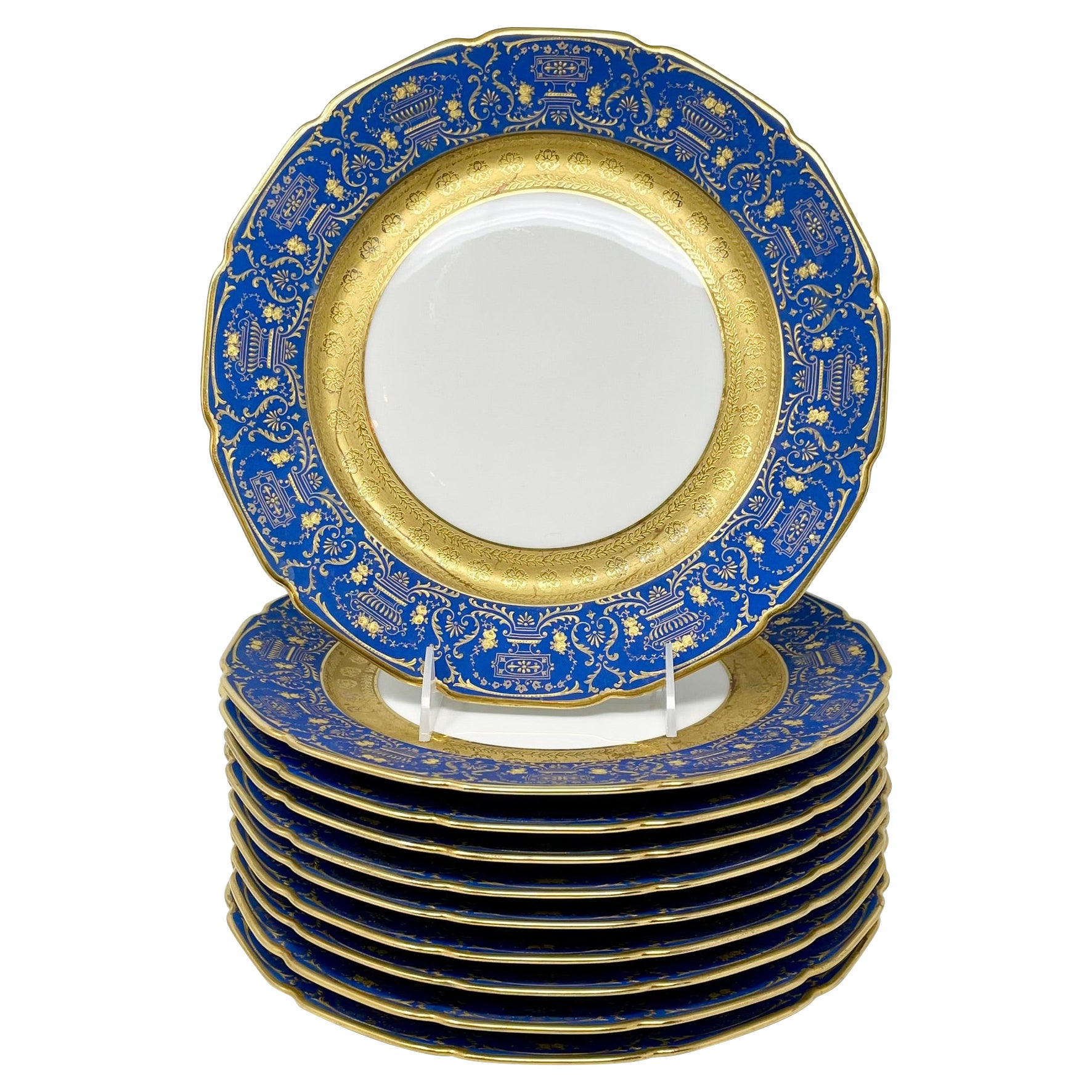 Set of 10 Antique French Limoges Porcelain Blue 
Gold Service Plates Circa 1900 For Sale
