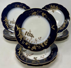 Set of 10 Antique French Limoges Porcelain Cobalt & Gold Dinner Plates, Ca. 1900