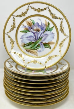 Set of 10 Antique French Limoges Porcelain Hand-Painted Gold & Botanical Plates