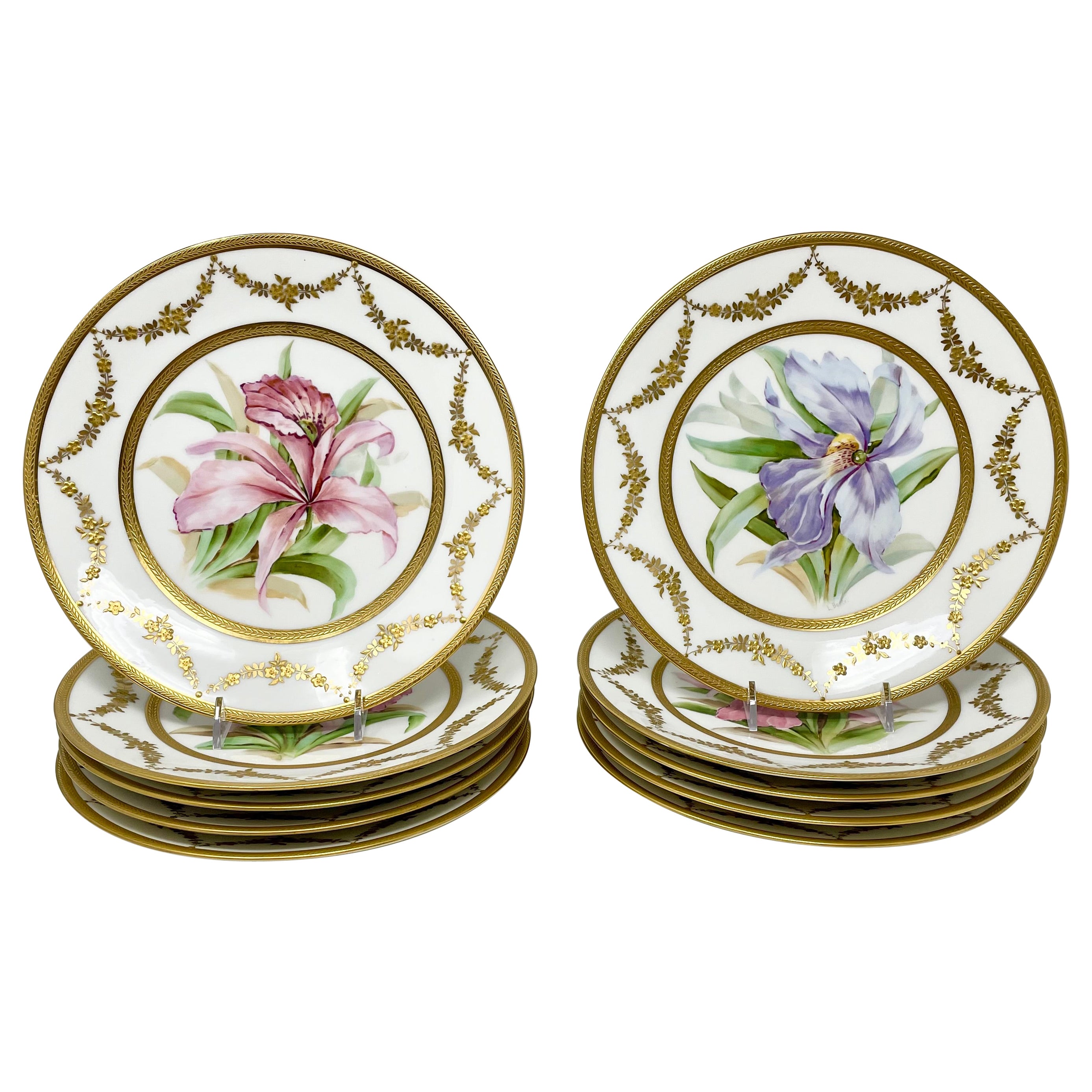 Satz von 10 Antique French Limoges Porzellan Hand-Painted Gold & Botanical Plates