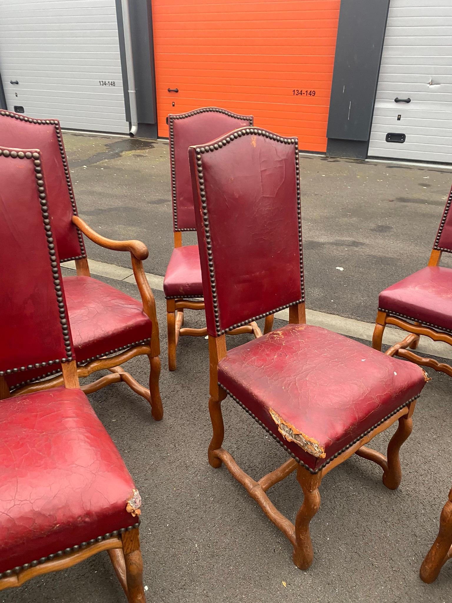 Leather Set of 10 Antique French Louis XIII Style Os de Mouton Dining Side Chairs For Sale