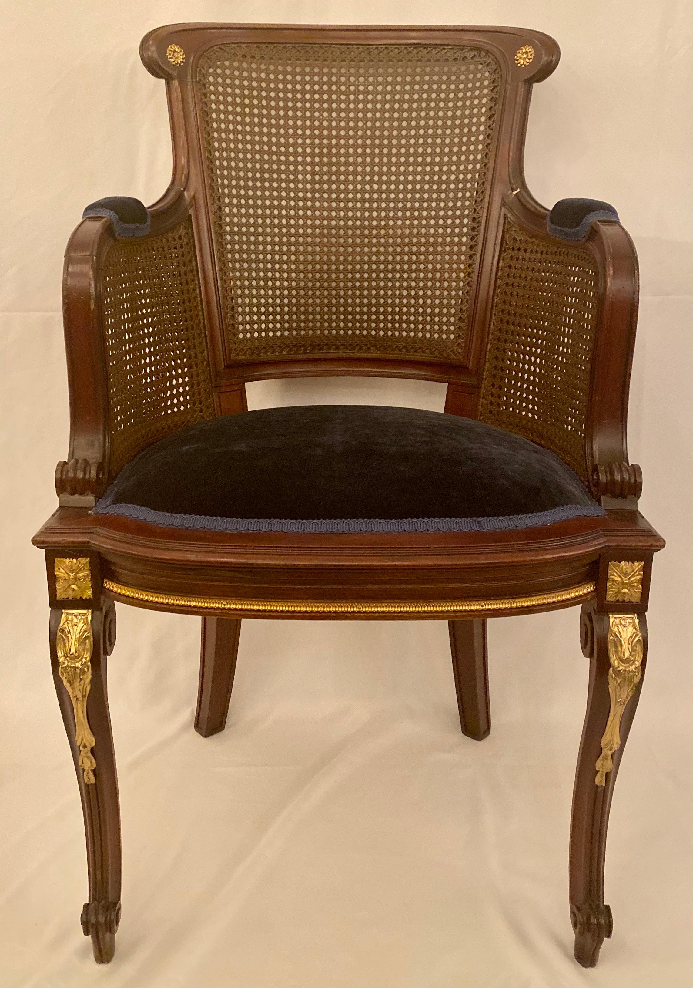 Set of 10 antique French Louis XVI mahogany and bronze D'Ore dining chairs with blue velvet fabric, circa 1880.