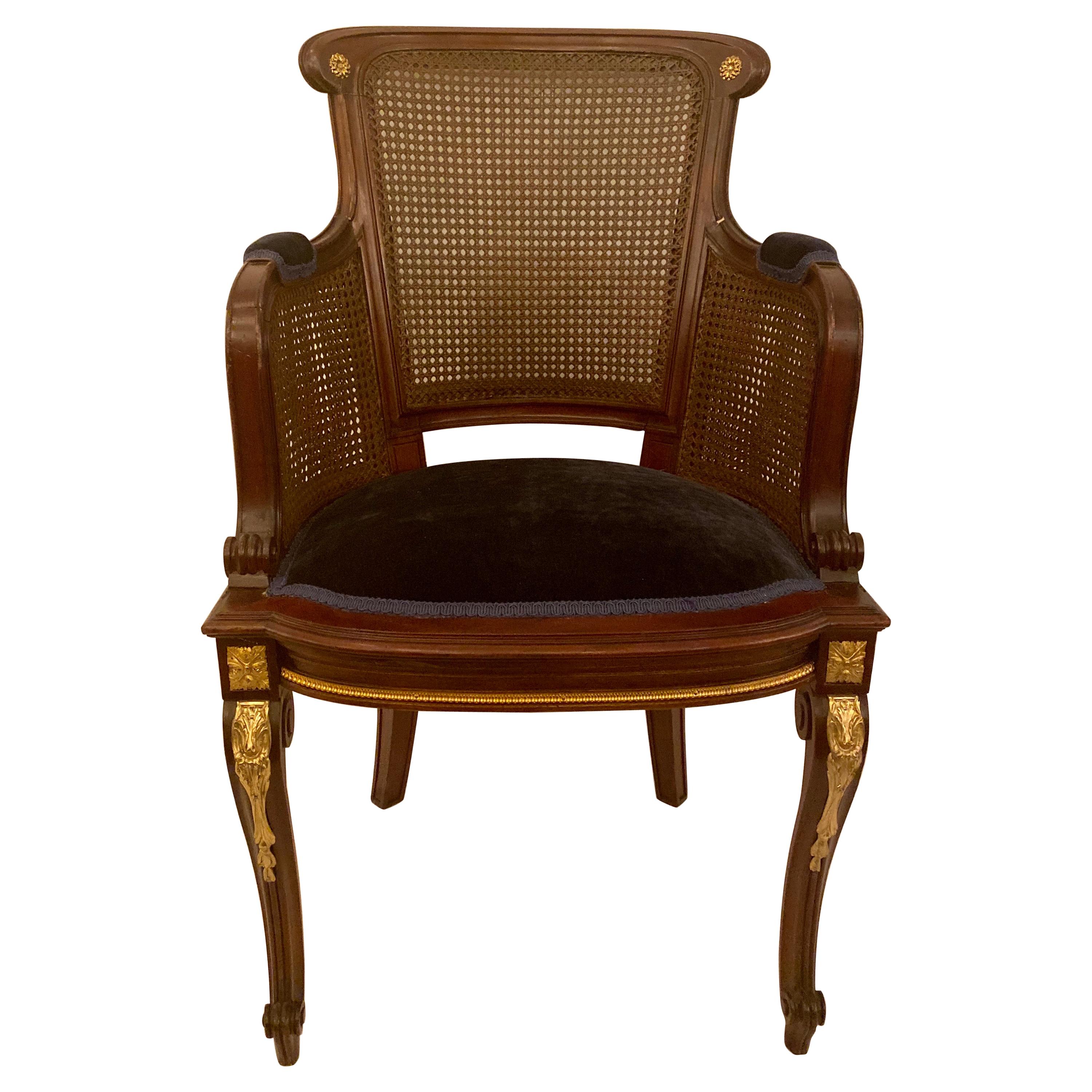 Set of 10 French Louis XVI Mahogany Gold Bronze Dining Chairs, circa 1880 For Sale