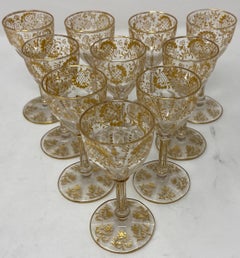 Set of 10 Antique French Val Saint Lambert Gold-Etched Crystal Cordial Glasses