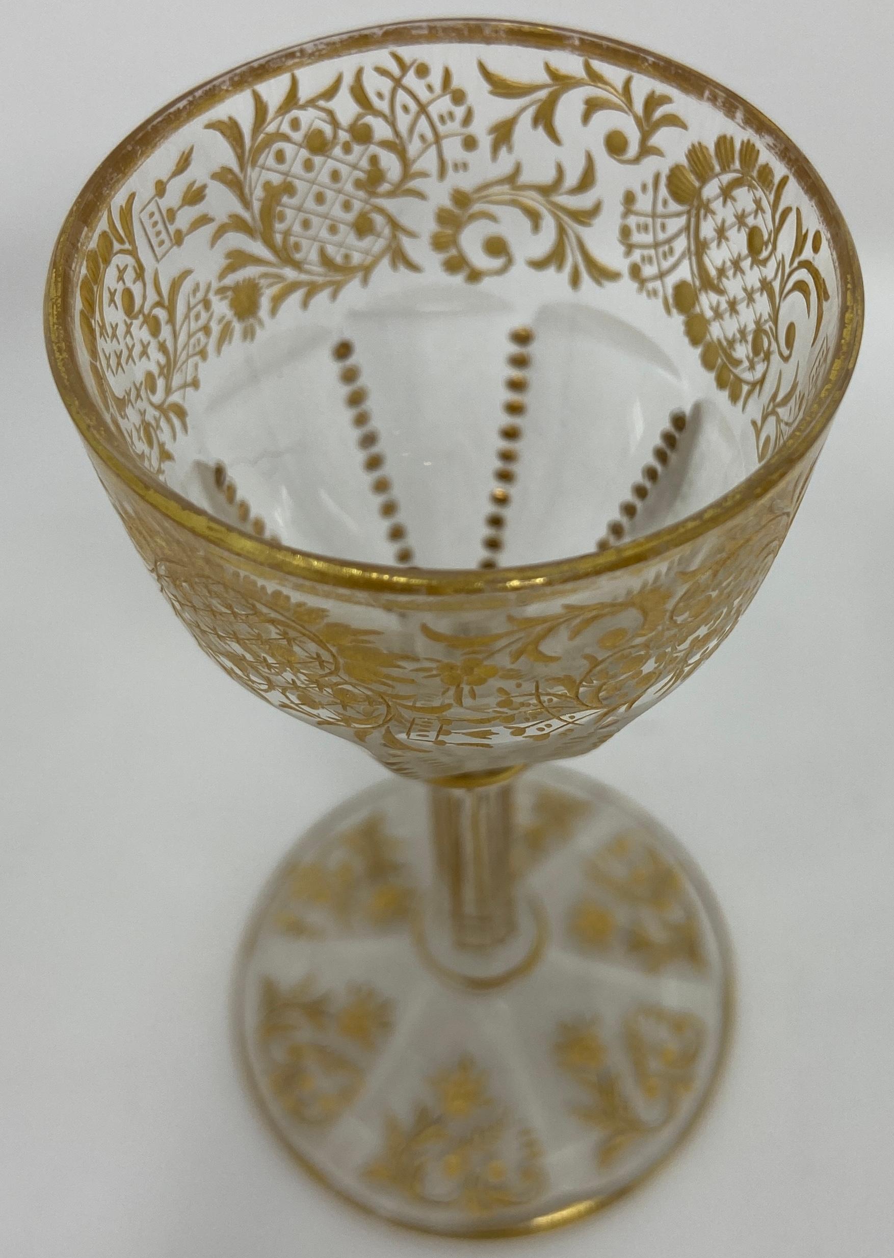 19th Century Set of 10 Antique French Val Saint Lambert Gold-Etched Crystal Cordial Glasses