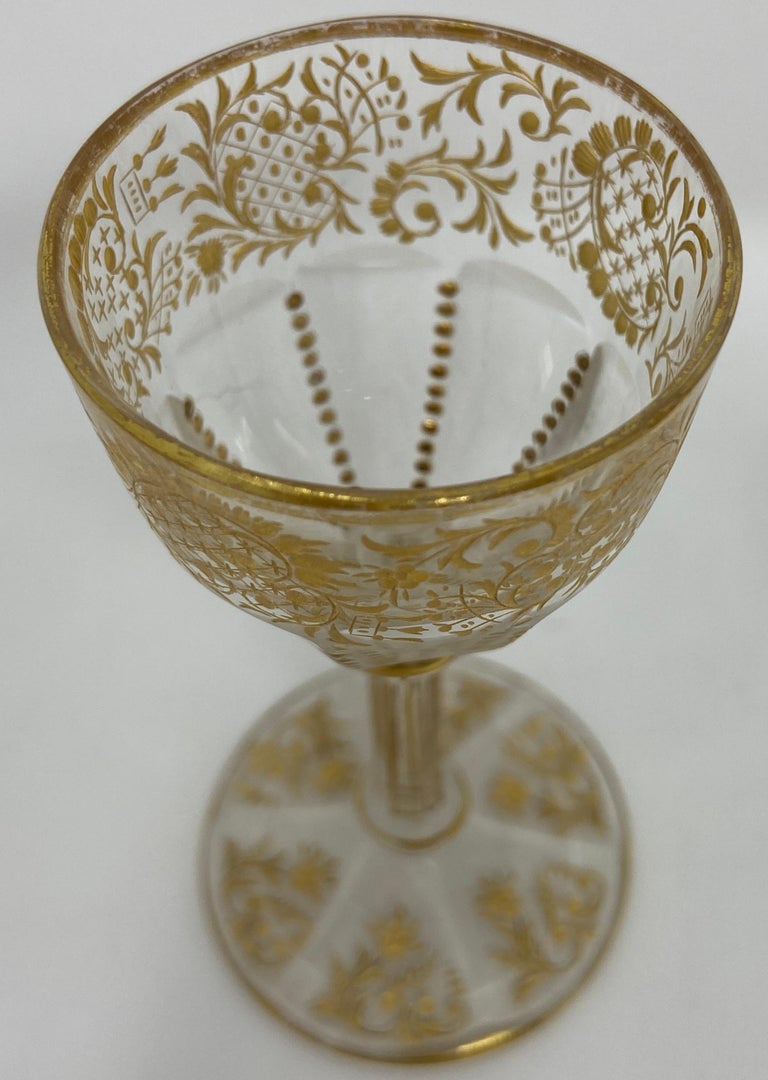 Set of 10 Antique French Val Saint Lambert Gold-Etched Crystal Cordial Glasses 1