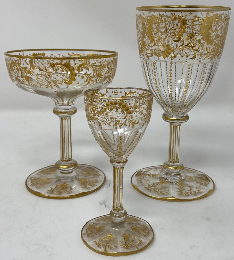 Set of 10 Antique French Val Saint Lambert Gold-Etched Crystal Cordial Glasses 2