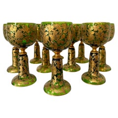 Set of 10 Antique German Gold Encrusted Green Glass Goblets by Moser, Circa 1890