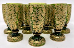 Set of 10 Antique German Gold Encrusted Green Water Glasses by Moser, Circa 1890