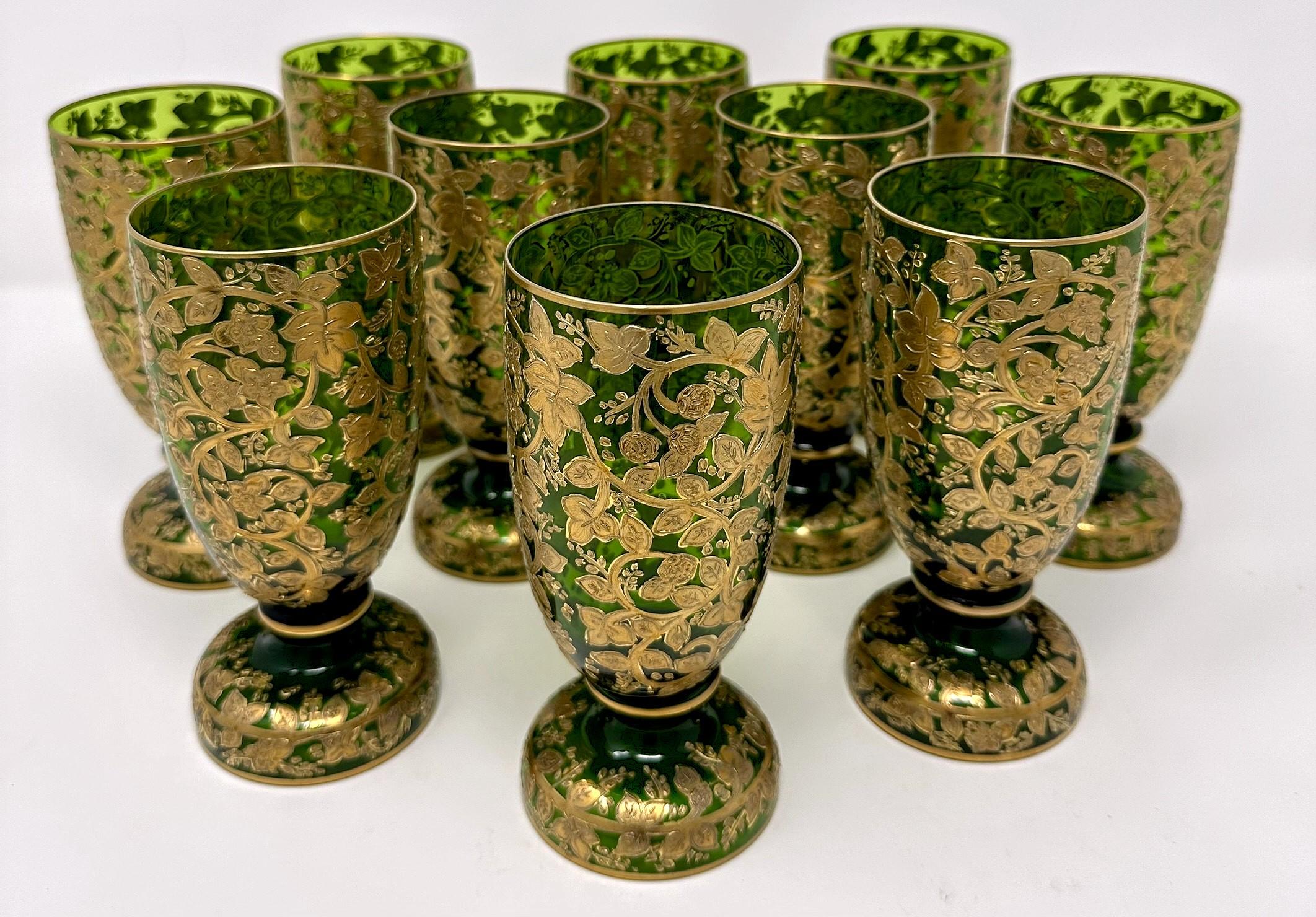 Set of 10 Antique German Gold Encrusted Green Water Glasses by Moser, Circa 1890 In Good Condition In New Orleans, LA