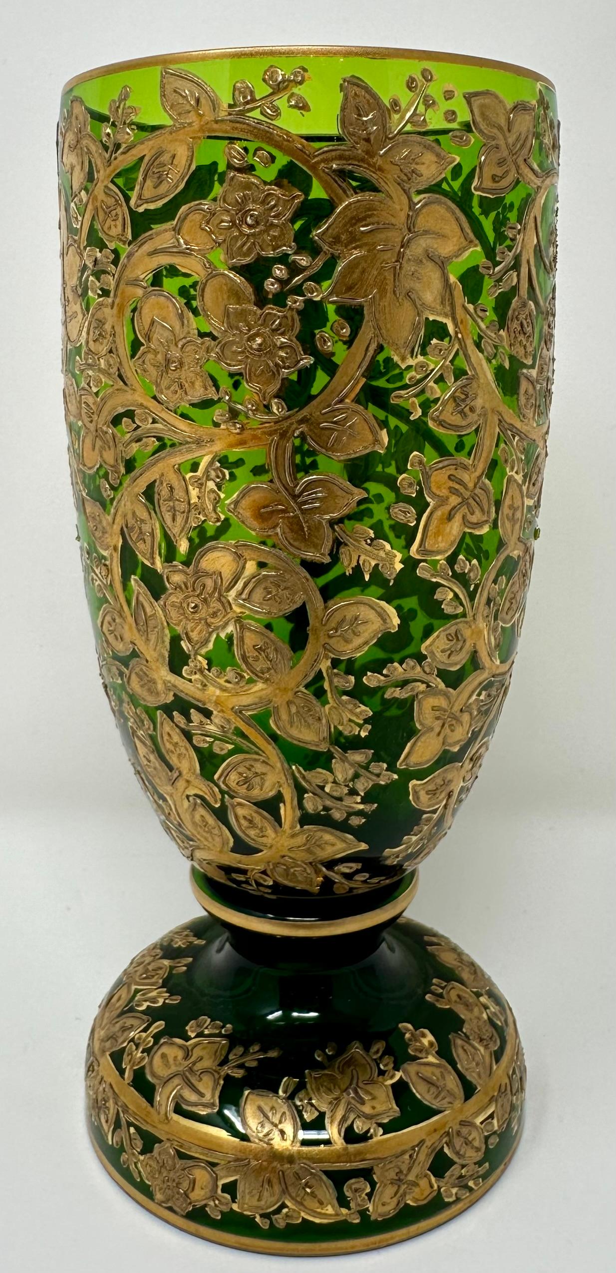 19th Century Set of 10 Antique German Gold Encrusted Green Water Glasses by Moser, Circa 1890
