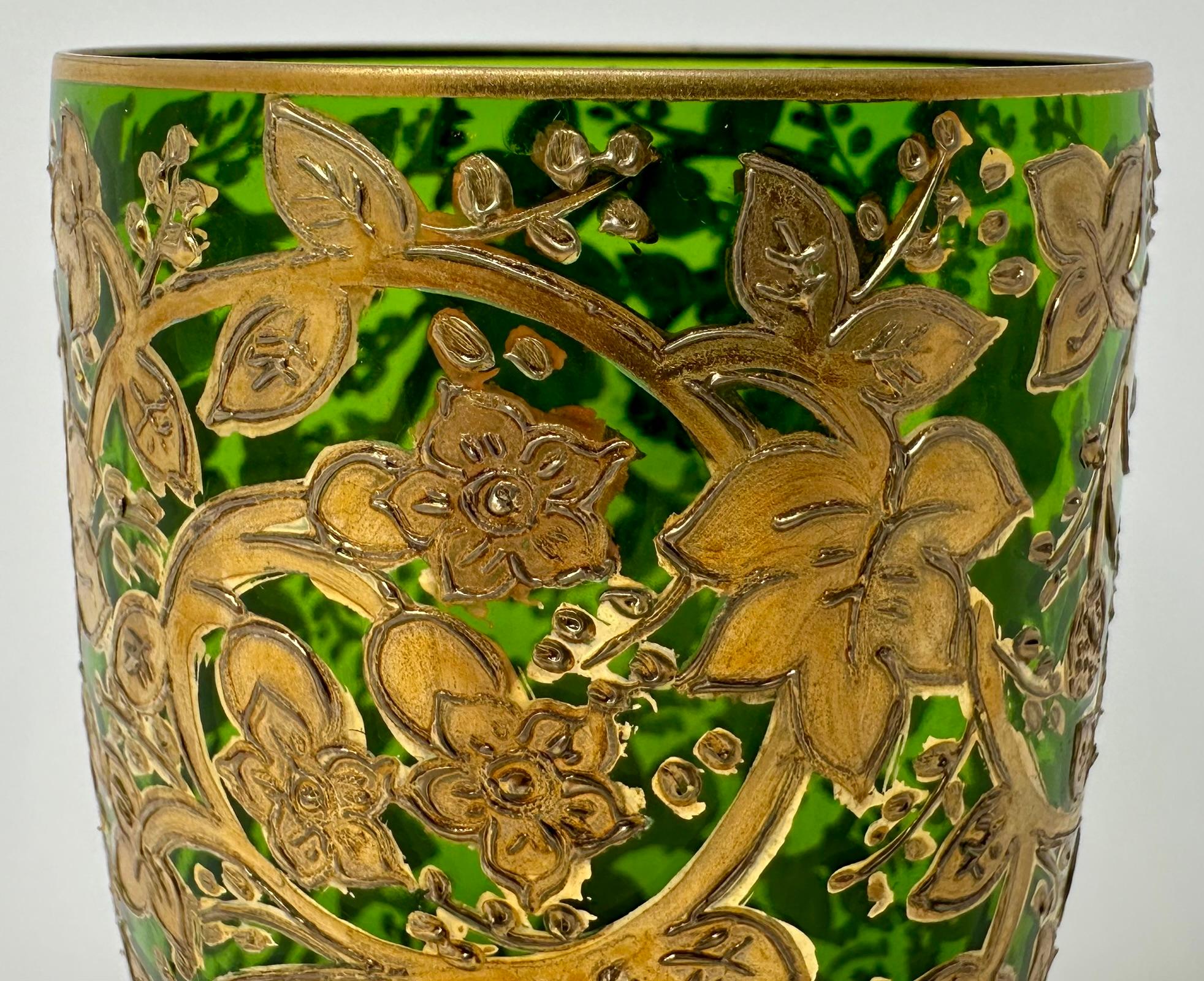 Set of 10 Antique German Gold Encrusted Green Water Glasses by Moser, Circa 1890 1