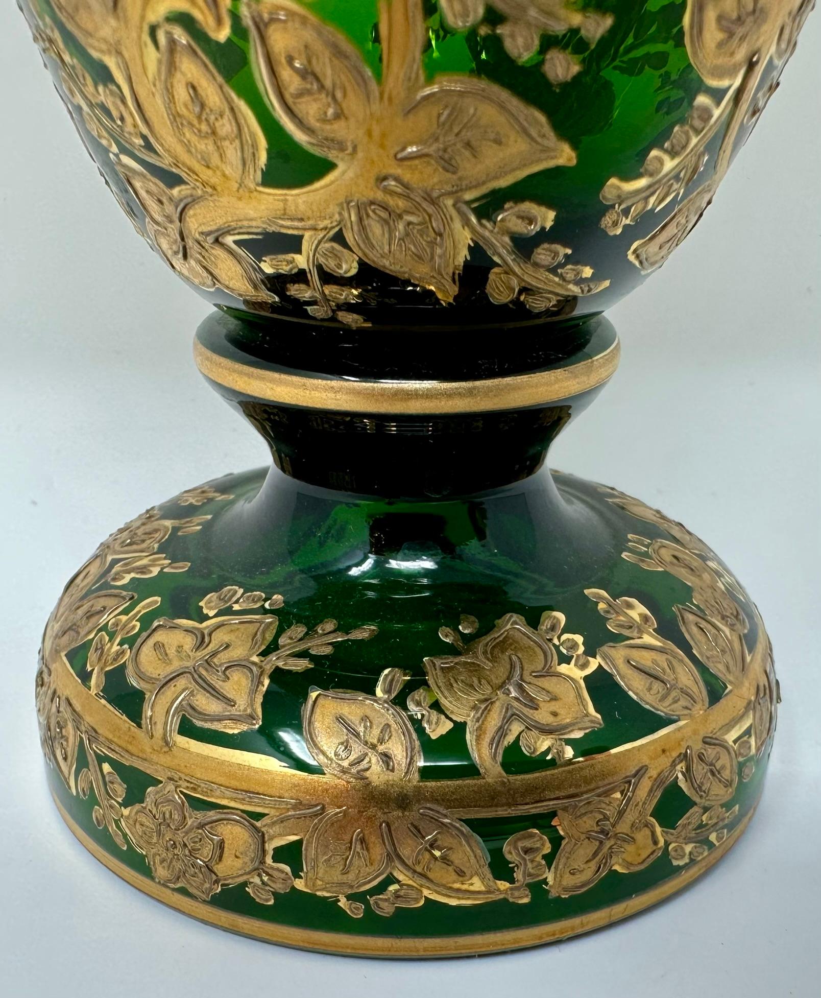 Set of 10 Antique German Gold Encrusted Green Water Glasses by Moser, Circa 1890 2