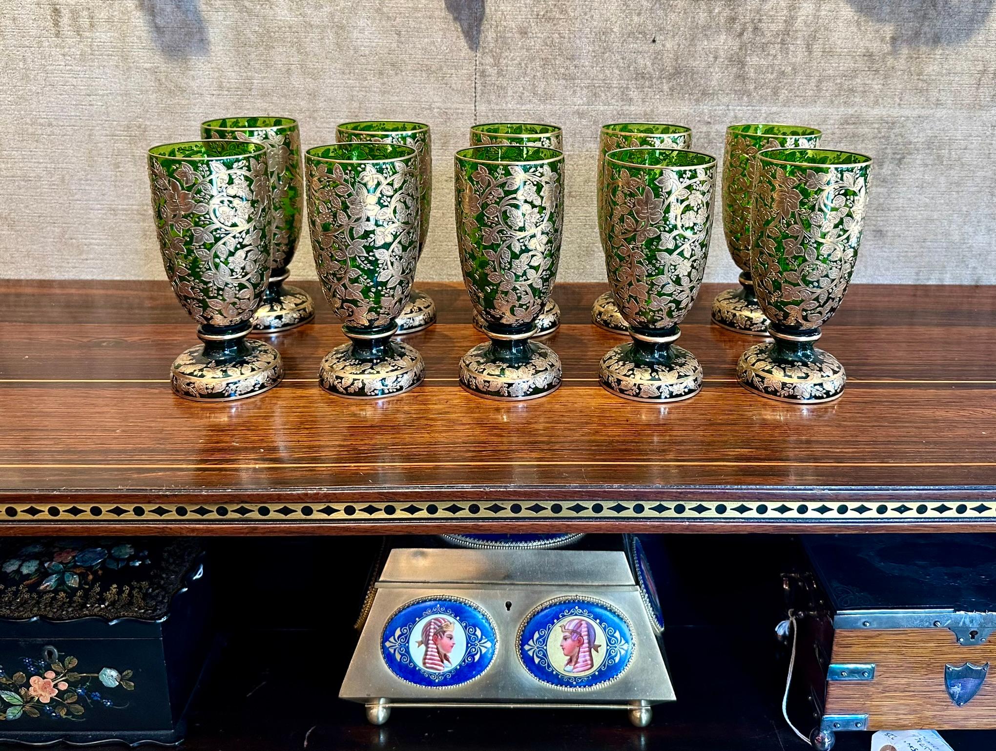 Set of 10 Antique German Gold Encrusted Green Water Glasses by Moser, Circa 1890 3