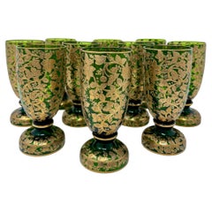 Set of 10 Antique German Gold Encrusted Green Water Glasses by Moser, Circa 1890