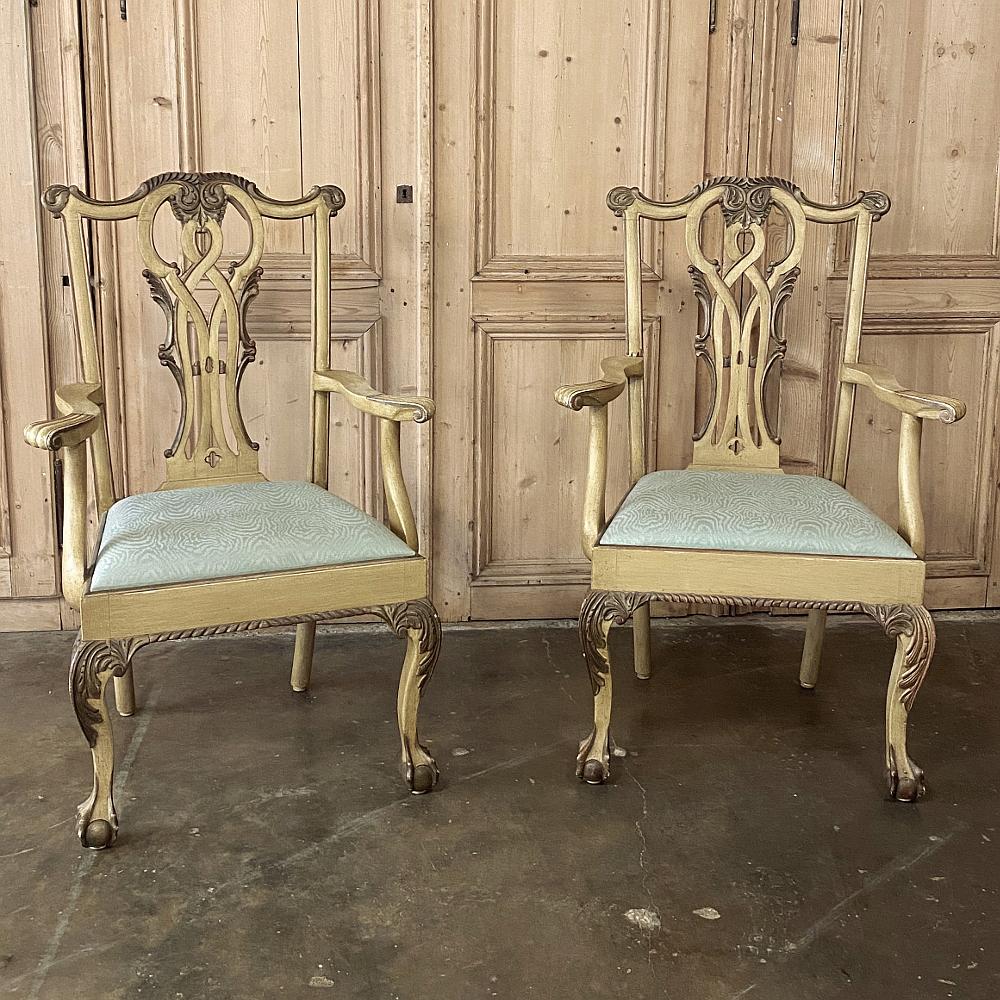 English Set of 10 Antique Gilded Chippendale Dining Chairs Includes 2 Armchairs