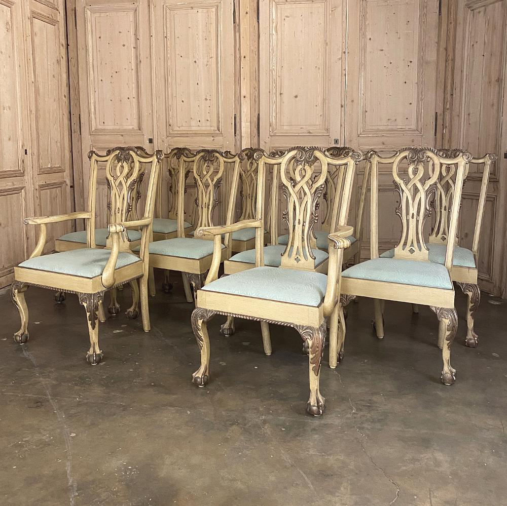 Hand-Crafted Set of 10 Antique Gilded Chippendale Dining Chairs Includes 2 Armchairs