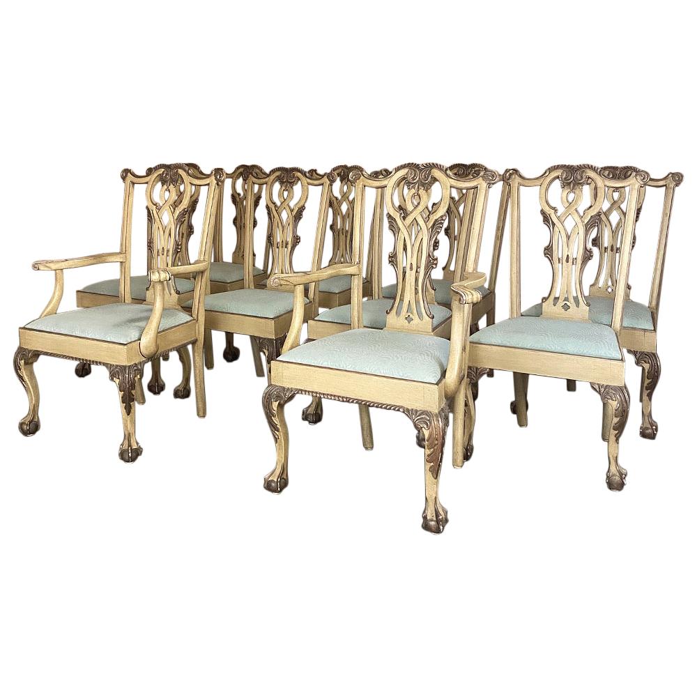 Set of 10 Antique Gilded Chippendale Dining Chairs Includes 2 Armchairs