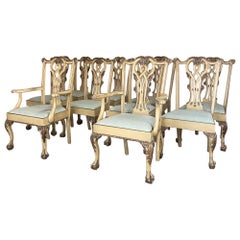 Set of 10 Antique Gilded Chippendale Dining Chairs Includes 2 Armchairs