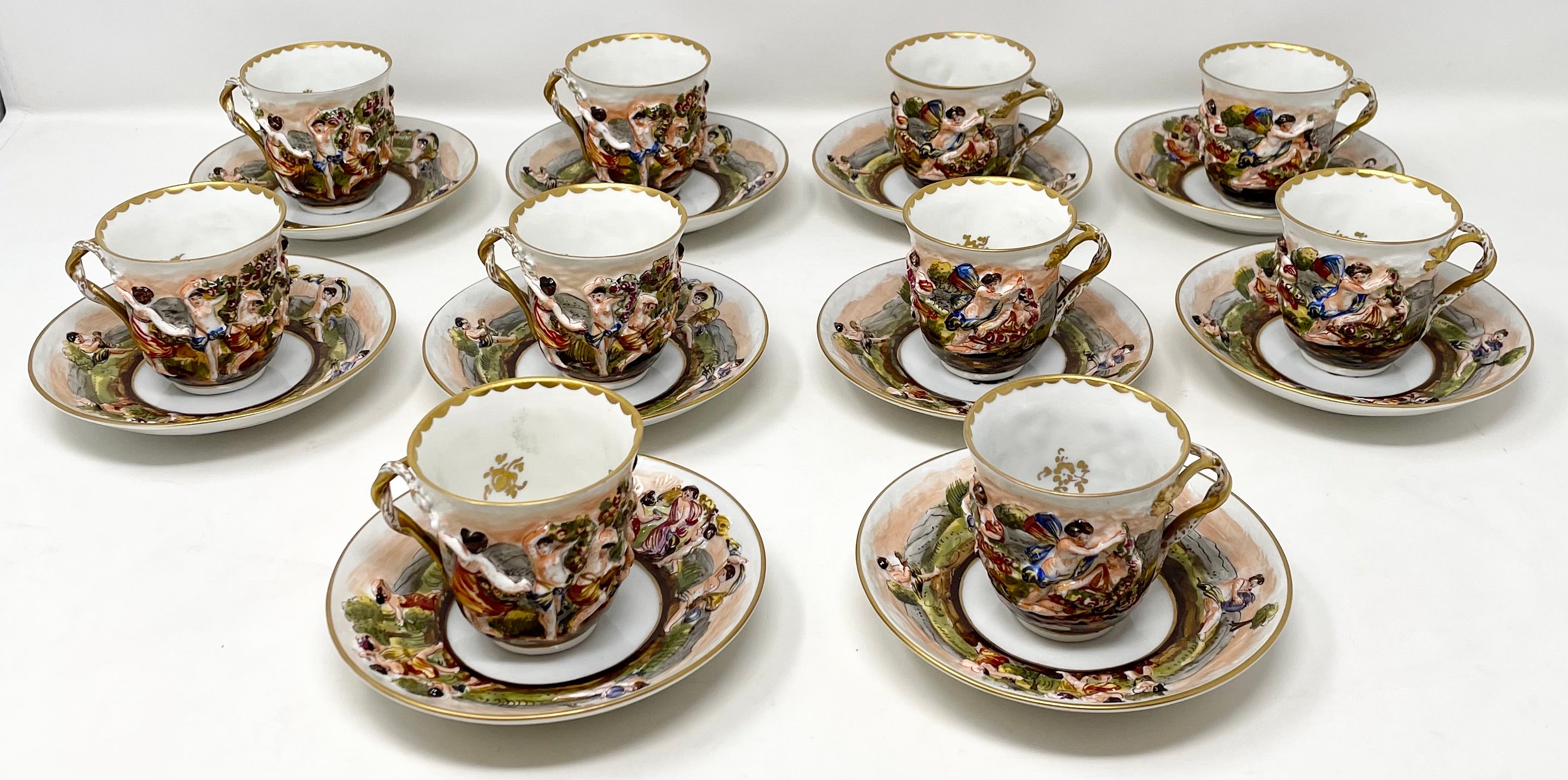 Set of 10 Antique Italian Capo di Monte Demi-Tasse Cups & Saucers, circa 1880's. In Good Condition For Sale In New Orleans, LA