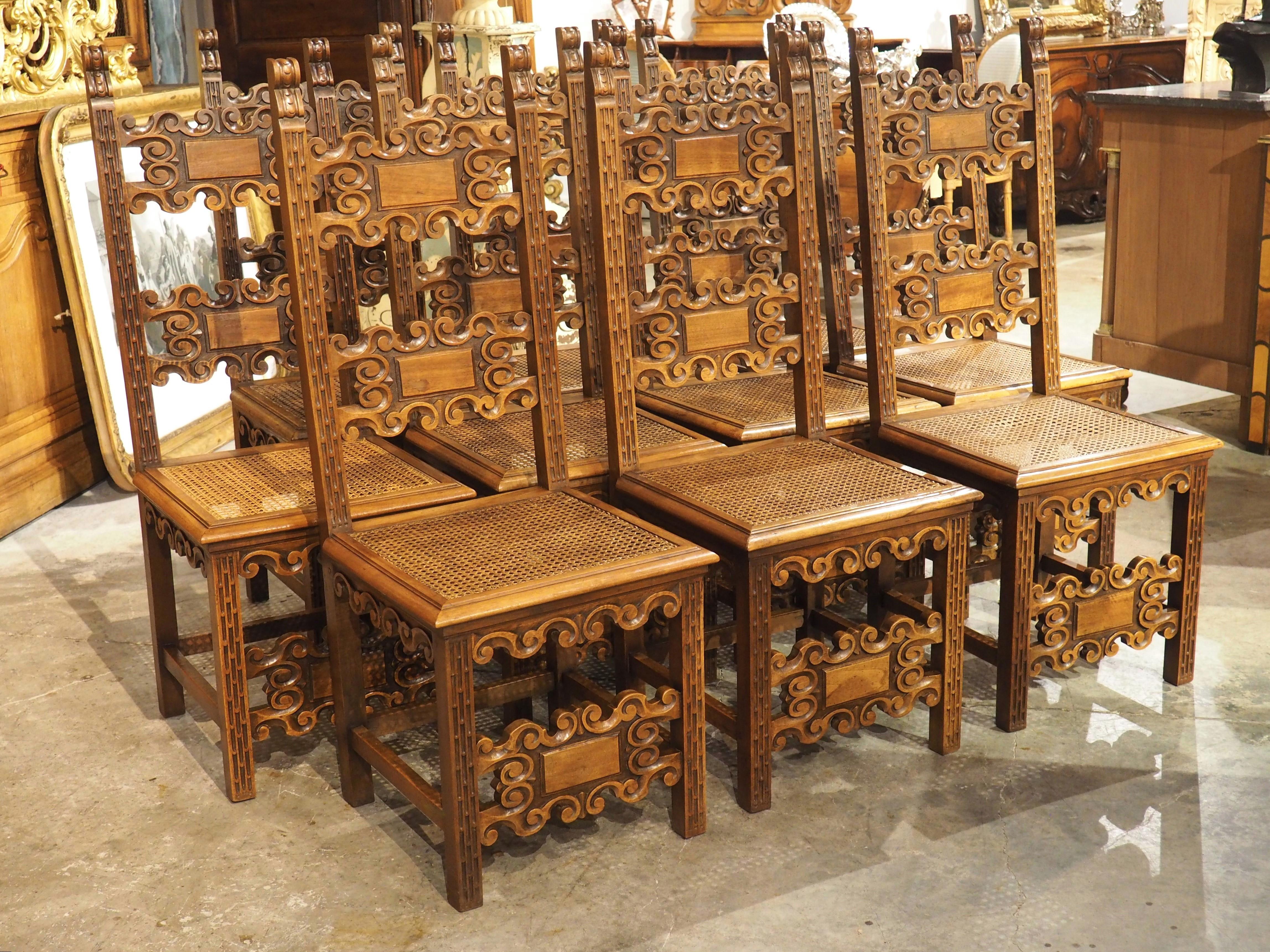 Caning Set of 10 Antique Italian Carved Walnut and Caned Dining Chairs, Circa 1880 For Sale