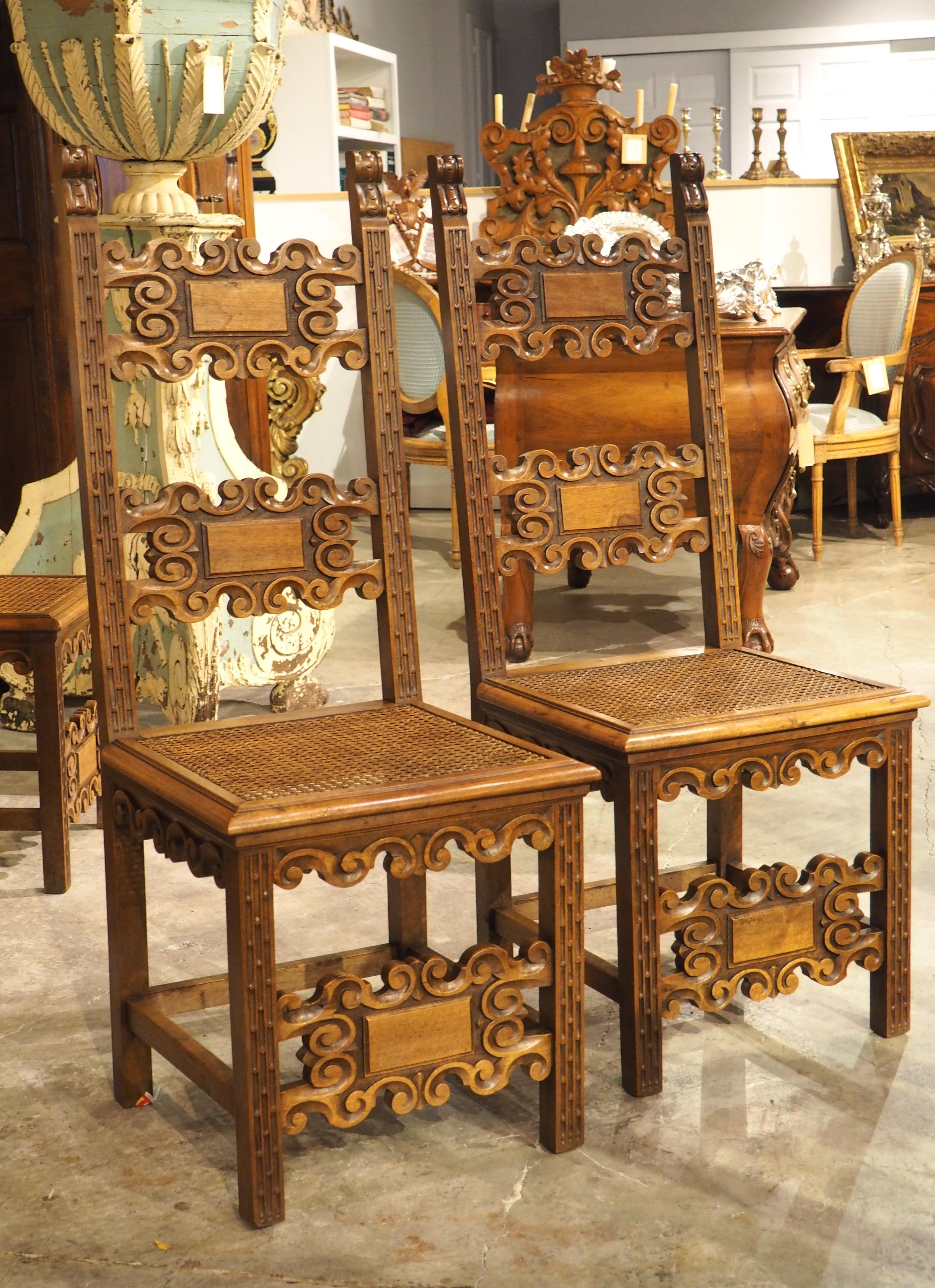 Set of 10 Antique Italian Carved Walnut and Caned Dining Chairs, Circa 1880 For Sale 2