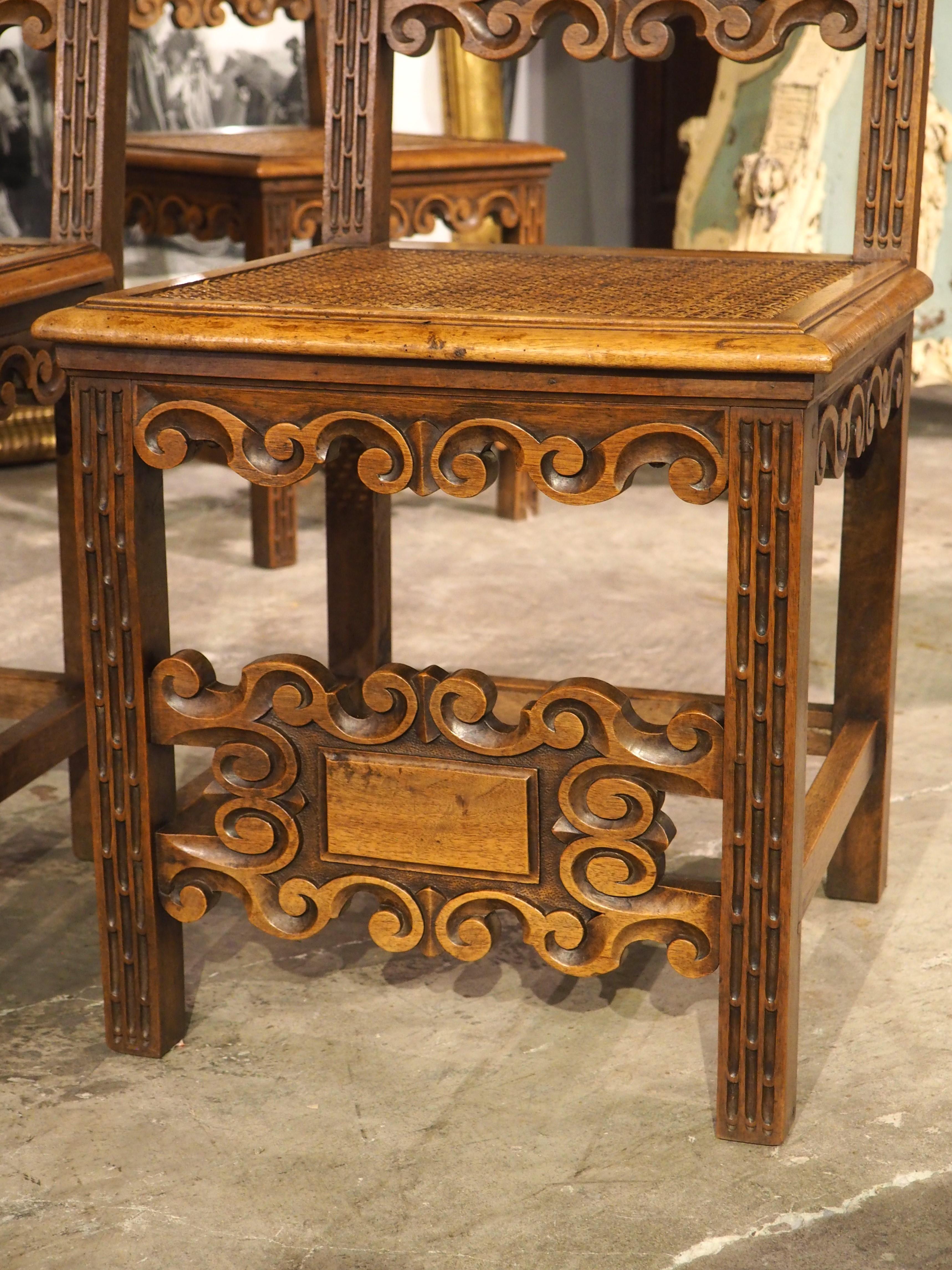 Set of 10 Antique Italian Carved Walnut and Caned Dining Chairs, Circa 1880 For Sale 3
