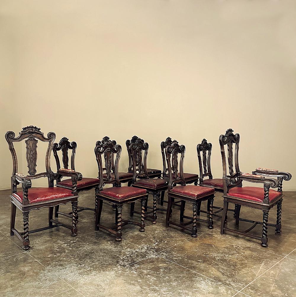 Set of 10 Antique Italian Walnut Baroque Dining Chairs includes 2 Armchairs is a wonderful find perfect for larger families or those who love to entertain in style!  Sculpted from solid walnut, each features a shield form design for the back, topped