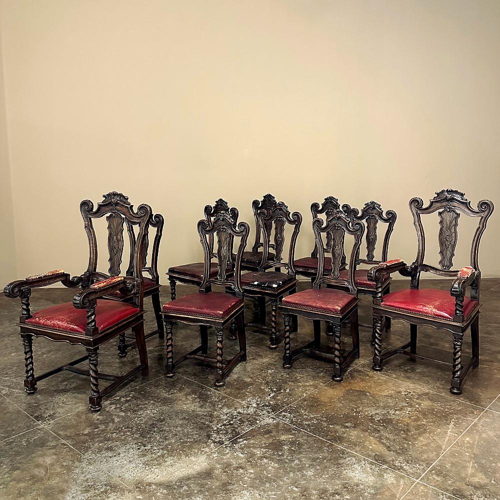 Baroque Revival Set of 10 Antique Italian Walnut Baroque Dining Chairs includes 2 Armchairs For Sale