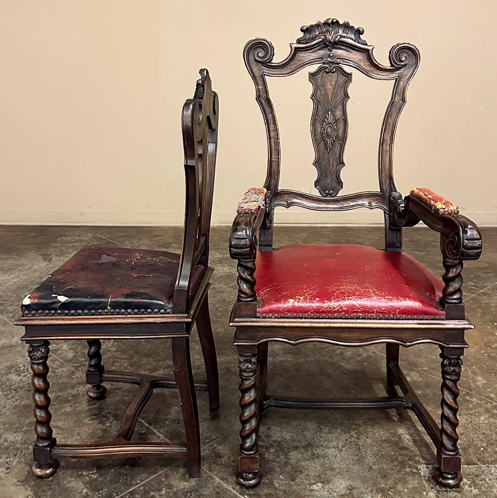 Set of 10 Antique Italian Walnut Baroque Dining Chairs includes 2 Armchairs In Good Condition For Sale In Dallas, TX