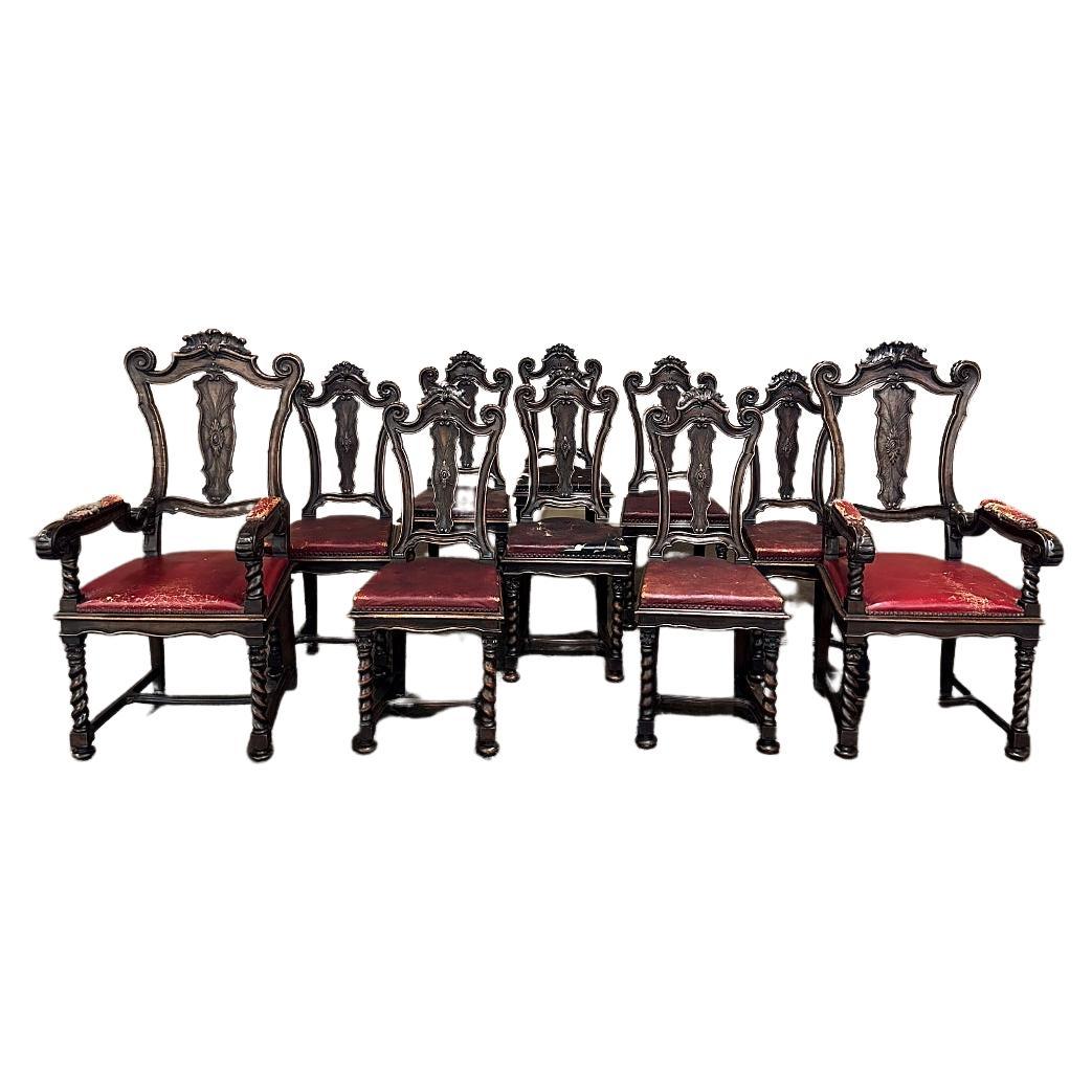 Set of 10 Antique Italian Walnut Baroque Dining Chairs includes 2 Armchairs For Sale