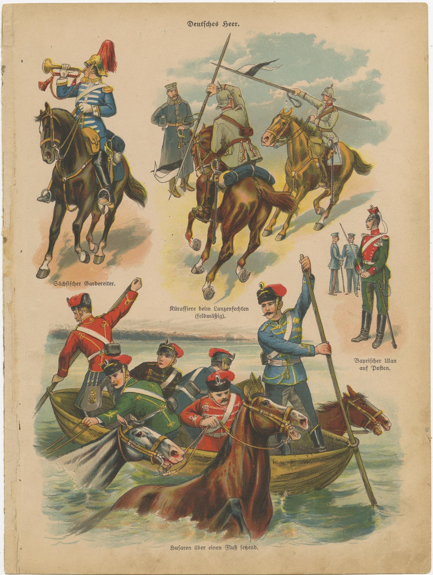 Set of ten original antique prints of military costumes. It shows military costumes of Germany and Hungary. Source unknown, to be determined. Published circa 1900.