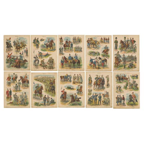Set of 10 Antique Military Costume Prints