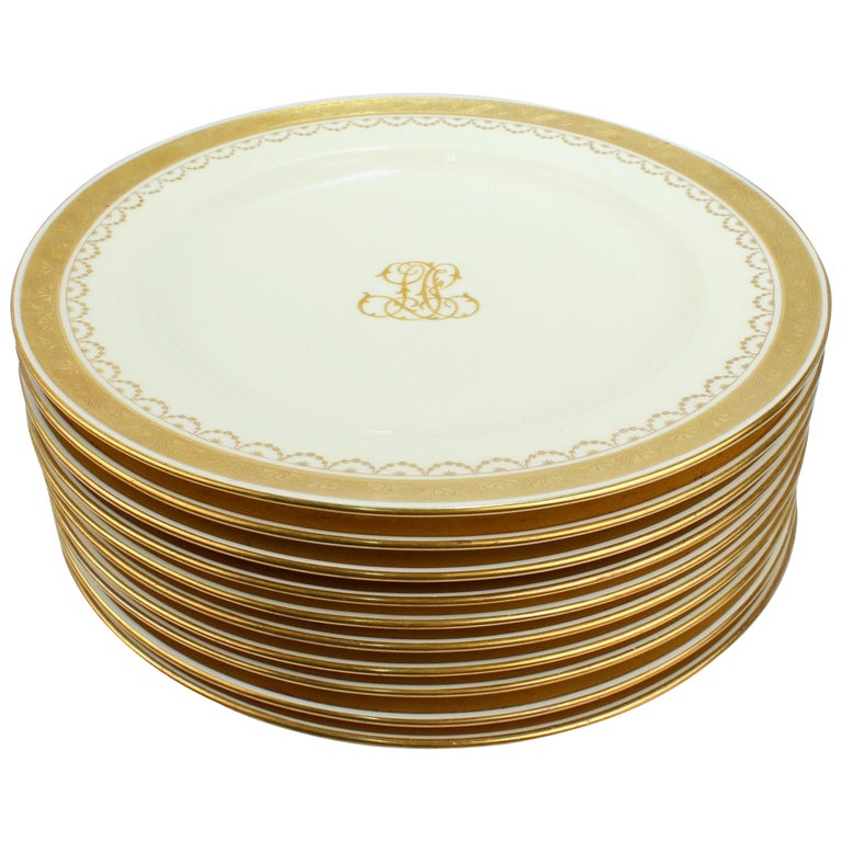 Set of 10 Antique Mintons Porcelain Gilt Bordered and Monogramed Dinner Plates For Sale
