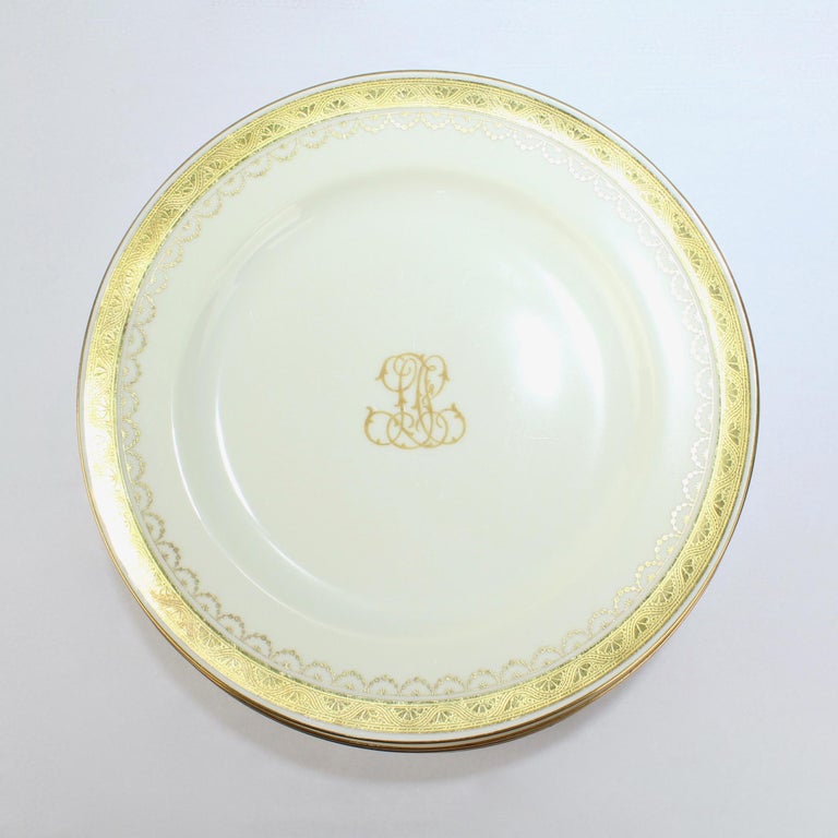 British Set of 10 Antique Mintons Porcelain Gilt Bordered and Monogramed Dinner Plates For Sale