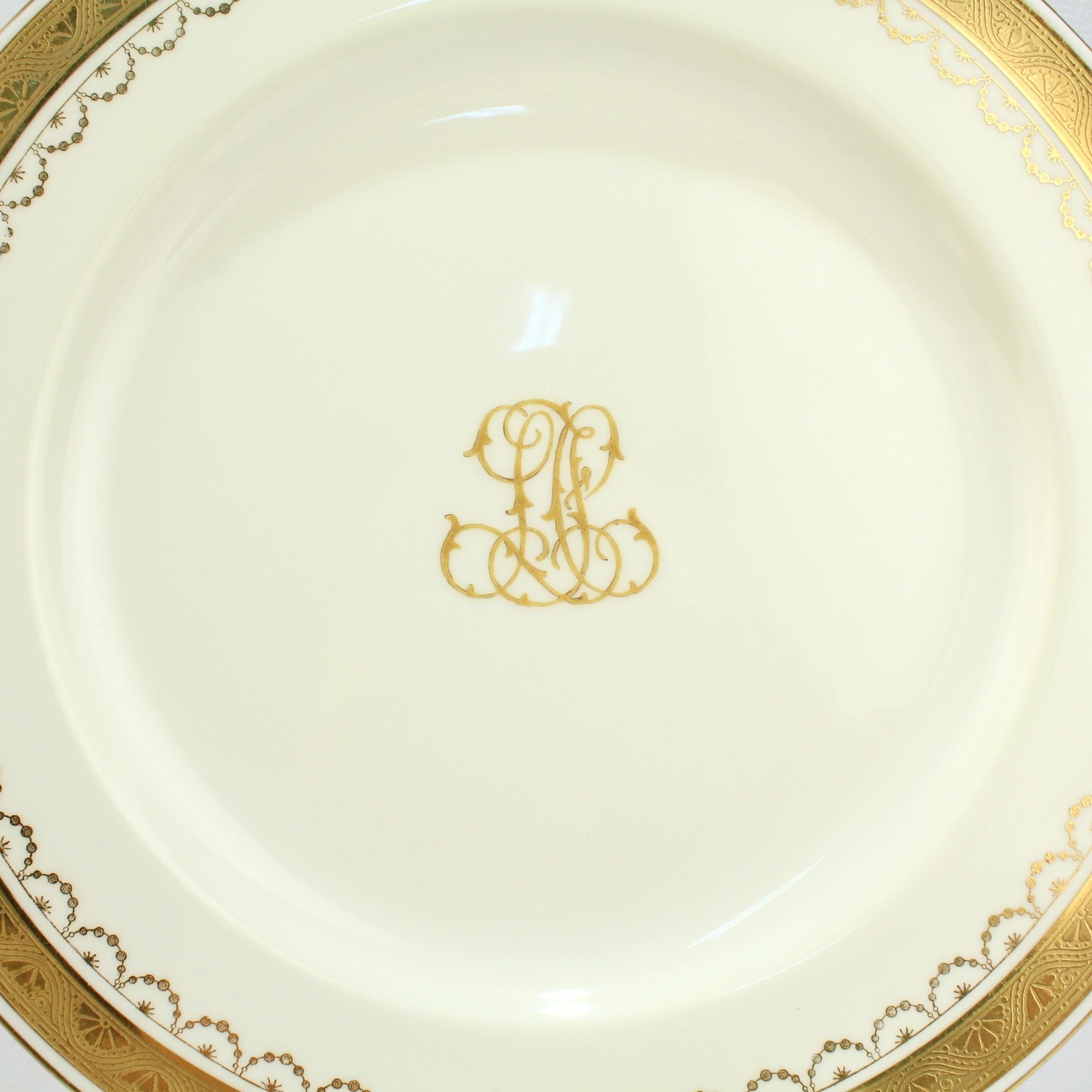 Edwardian Set of 10 Antique Mintons Porcelain Gilt Bordered and Monogramed Dinner Plates