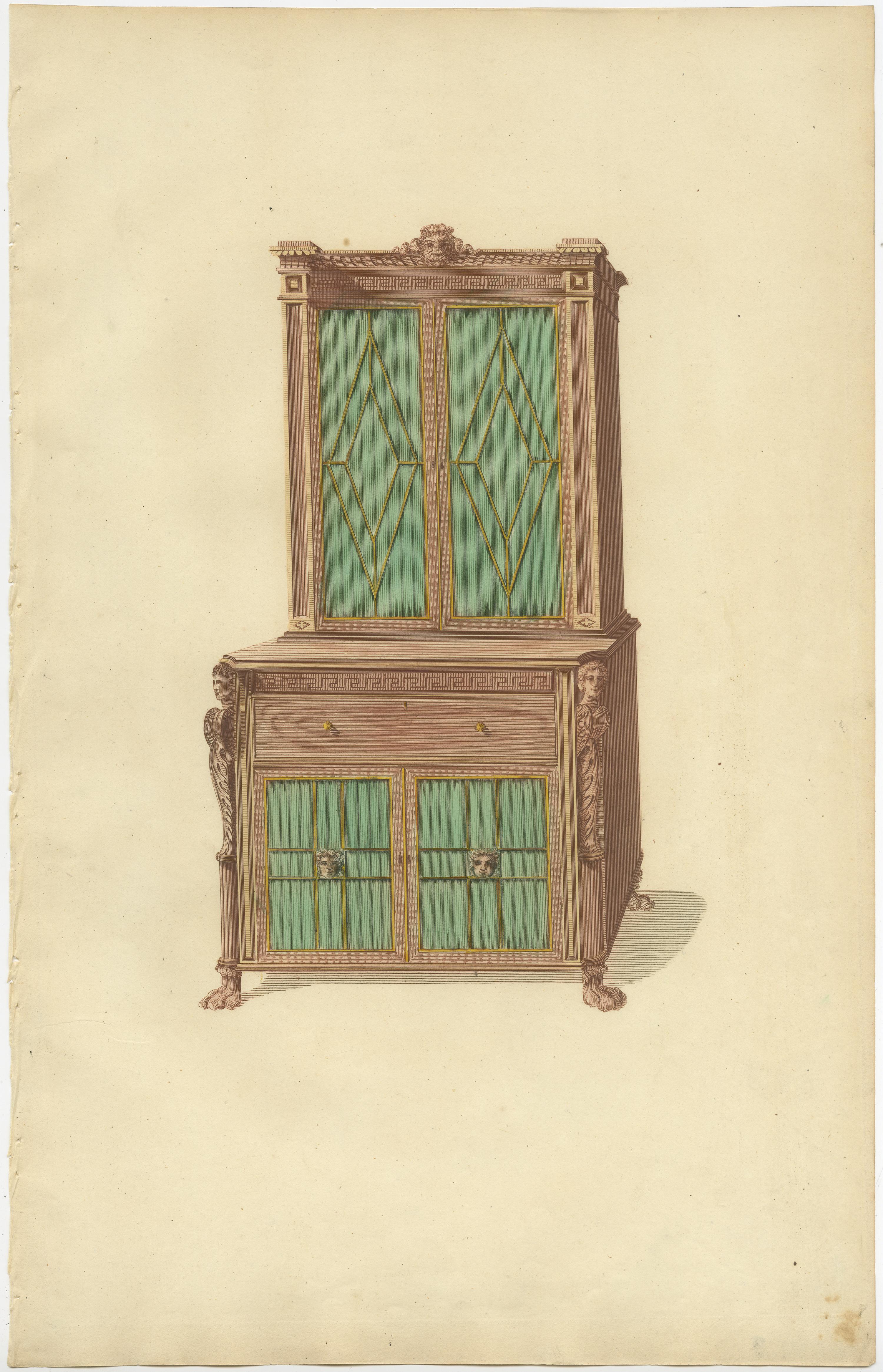 Set of ten antique prints of cabinets and other furniture. These prints originate from 'The General Artist's Encyclopaedia' by Thomas Sheraton. Published 1803-1805.